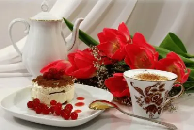 Cappuccino Coffee, Cake and Berries