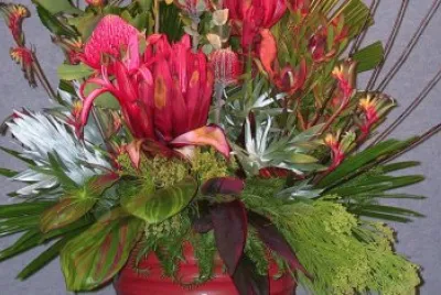 Red and green flower arrangement