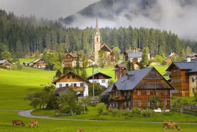 austria_gosau_village_houses_cows_ jigsaw puzzle