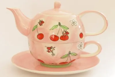 Tetera-Rosa, Cerezas, Vajilla.