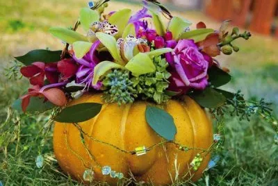 Exotic Floral Arrangement in a Pumpkin