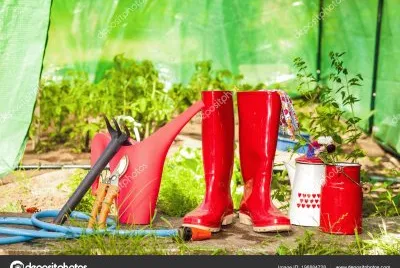 Red Gardening Tools and Boots