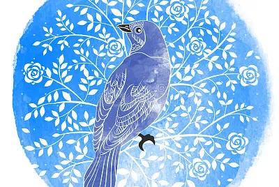 Birds and flowers on water color background.