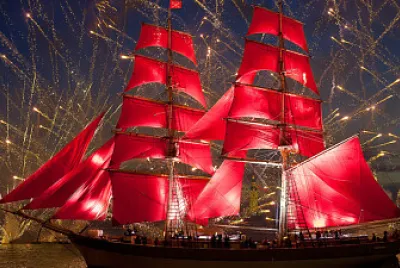 Ship with red sails Fireworks celebration