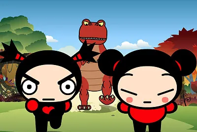 garu y pucca huyendo de un dinosaurio pucca