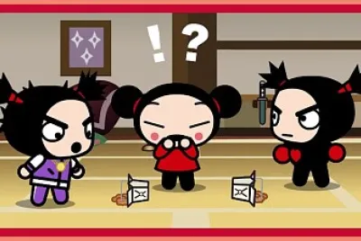 pucca hace caer la comida al ver dos garus pucca