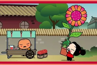 pucca trae una planta al puesto de ssoso pucca