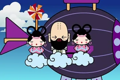 una nave pasa detras del maestro soo pucca