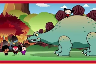 pucca les muestra a garu, abyo y ching un dinosaurio pucca