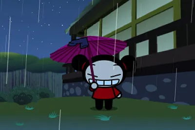 pucca usa una sombrilla para protegerse del agua