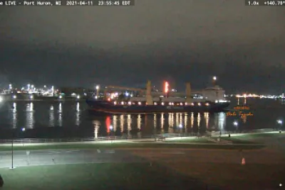 m/v BBC Oregon heading under the Blue Water Bridge at night