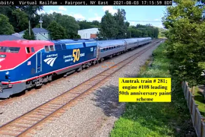 Amtrak train 281  engine #-108 leading. (50th aniv paint scheme