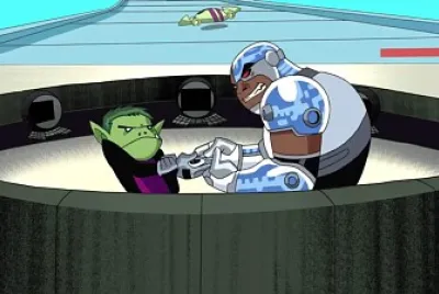 cyborg y chico bestia se estan peleando los jovenes titanes
