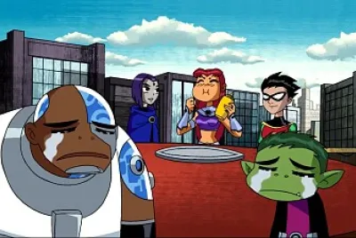 cyborg y chico bestia lloran por la pizza los jovenes titanes