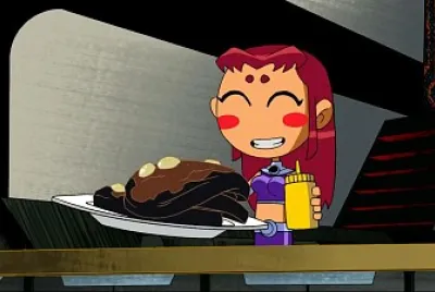 starfire recibe los panqueques de los chicos los jovenes titanes