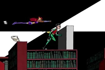 robin y starfire huyen de unos libros los jovenes titanes