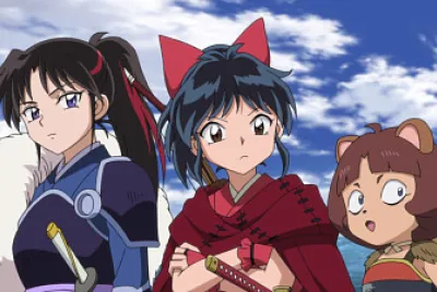 setsuna, moroha y takechiyo miran a una monja hanyo no yashahime