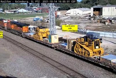 BNSF-6556,BNSF-7875,BNSF-7346,Cat tractors onflat cars Galesburg,ILL