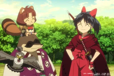 moroha, hachi, takechiyo y takamaru sonríen hanyo no yashahime