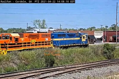 Blue and Orange locomotives as power lash-up at Cordele,GA/USA