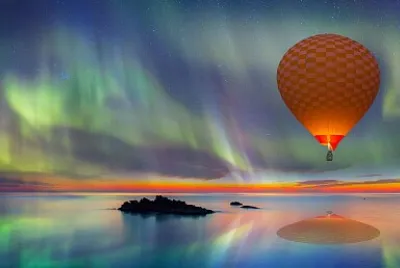 Hot Air Balloon against Aurora Borealis