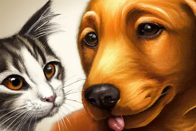 Realistic Painting of a Cat and a Dog