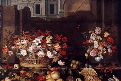 Still life sith flowers, fruit and shells