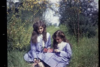 Girls in garden autochrome