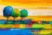 Oil painting landscape, colorful trees. Hand Paint