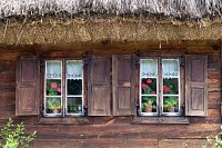 Old wooden house with window shutters