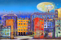Night town near the sea painting