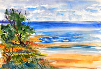 Watercolor abstract seascape with sand