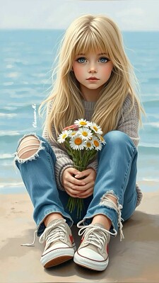 Girl flowers and sea