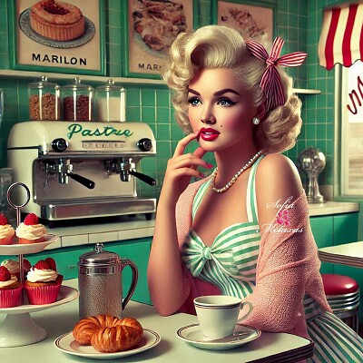 Marilyn Monroe posing in a 50’s style tea room!