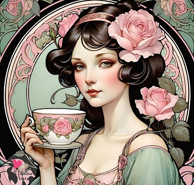 mucha lady with teacup