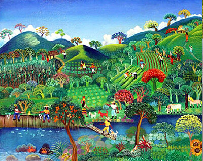 au bord de la rivière art naïf