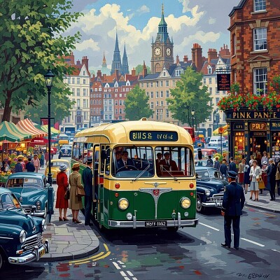 Vivid painting depicting a bustling