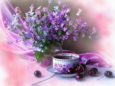 Purple Flowers and Cherries-Art