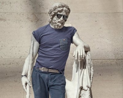 Classical sculptures dressed as hipsters look cont
