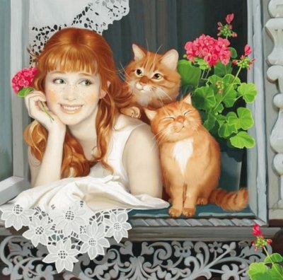 joven en la ventana y gatos jigsaw puzzle