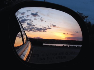 Sunset in the rearview mirror