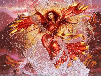 Mujer de vestido rojo bailando con agua