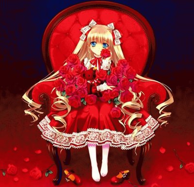 פאזל של NiÃ±a animÃ© de rojo en sillÃ³n con rosas