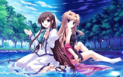 פאזל של Chicas animÃ© sentadas en el lago