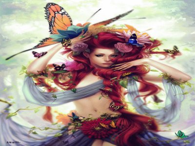 Mujer pelirroja con mariposas y flores