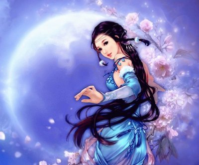 Mujer de azul con flores y luna en el fondo