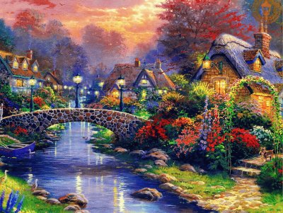 Paisaje colorido de cabaÃ±as y puente jigsaw puzzle