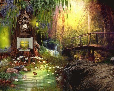 Paisaje con casa en el Ã¡rbol y puente en el bosque jigsaw puzzle