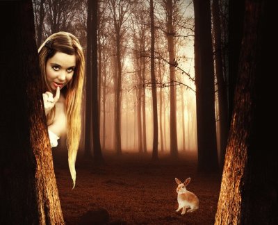 Chica en el bosque con conejo