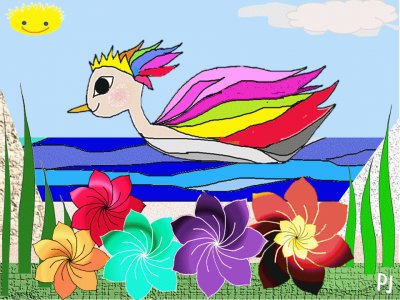 A Colorful Swan Duck and Flowers